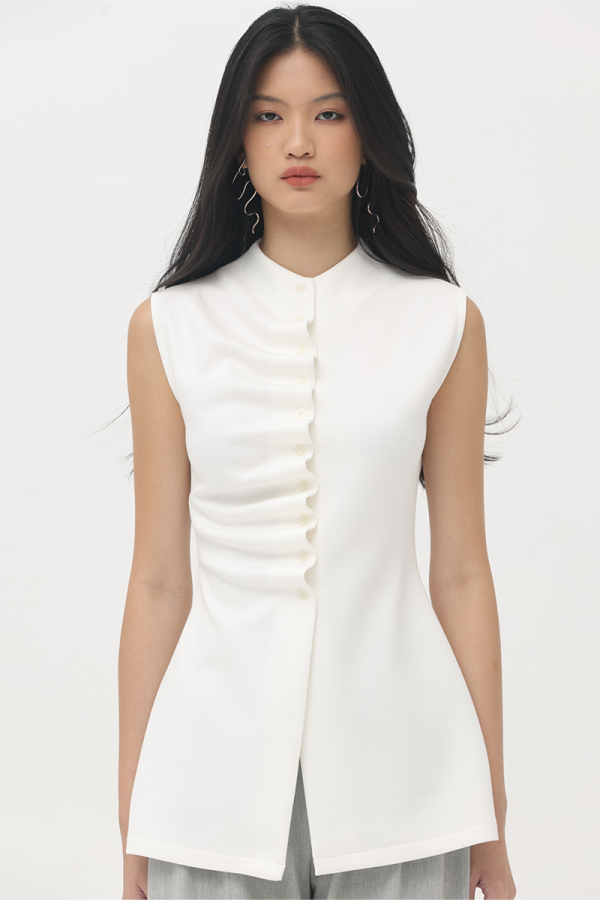 White Edith Drapped Buttons Shirt